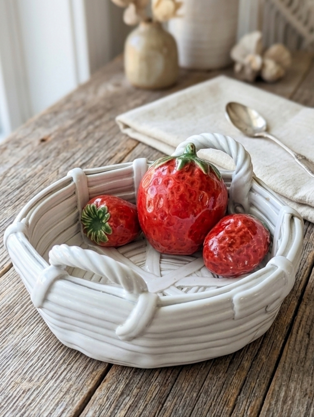 Ceramic Lattice White Basket w/ 3 Strawberries – Signed Modigliani